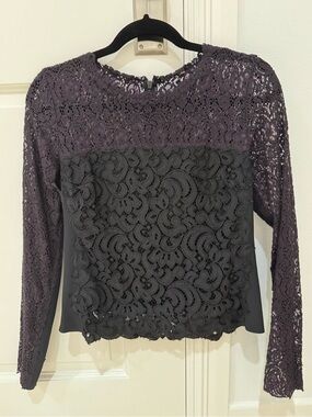 Elie Tahari Lace Panel Long-Sleeve Top in Plum and Black size XS